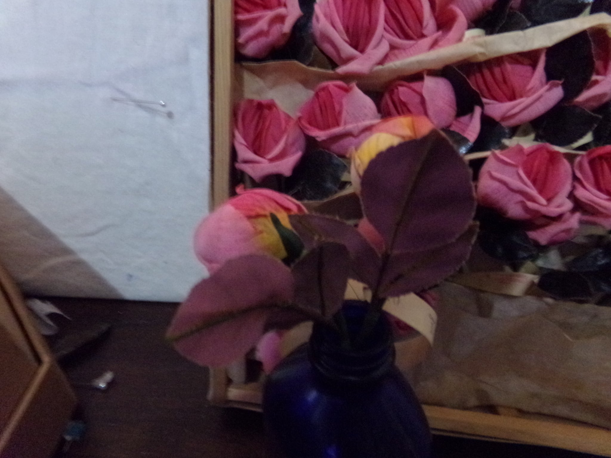 Long stemmed   Pink rose bud and leaves. Made in Germany   now $5.95 each