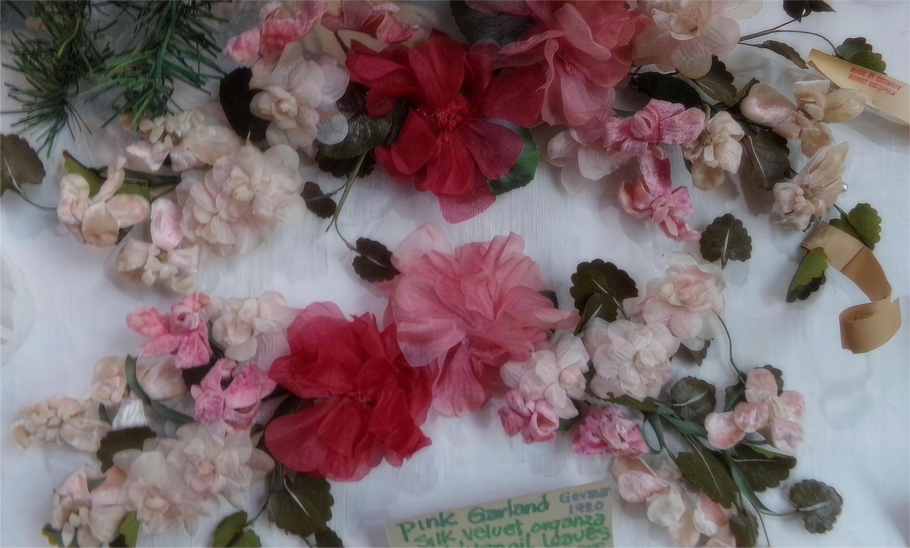 Vintage Asst pink/cream velvet & silk flowers- leaves 13 inch Garland  $26 each