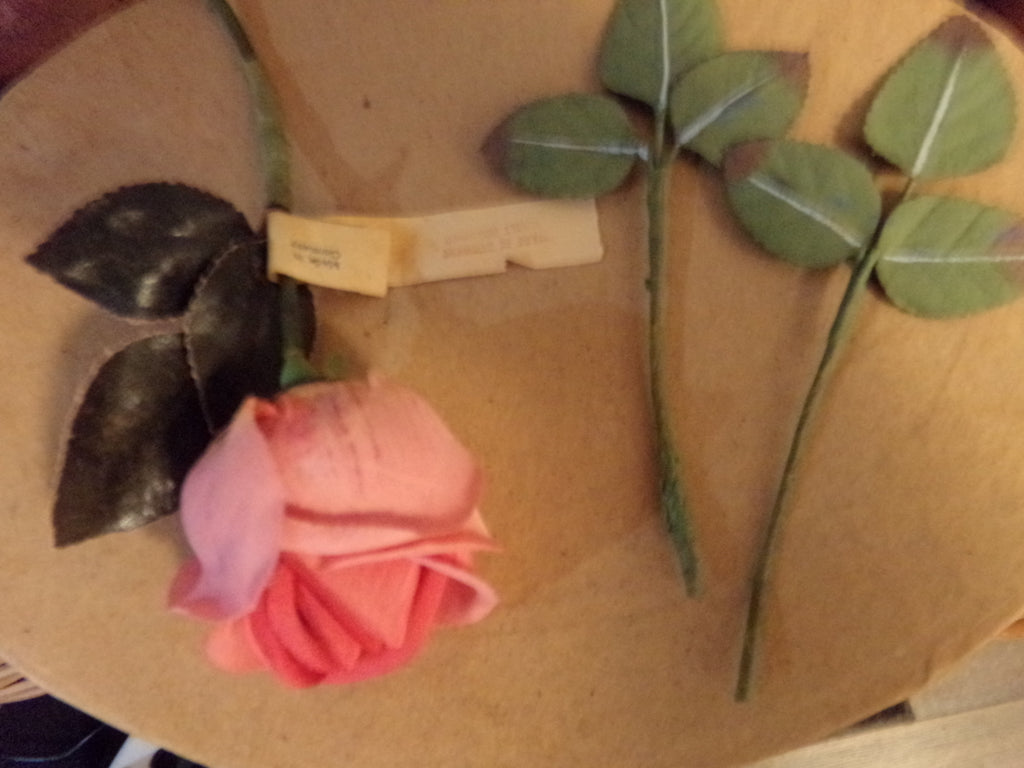 Long stemmed   Pink rose bud and leaves. Made in Germany   now $5.95 each