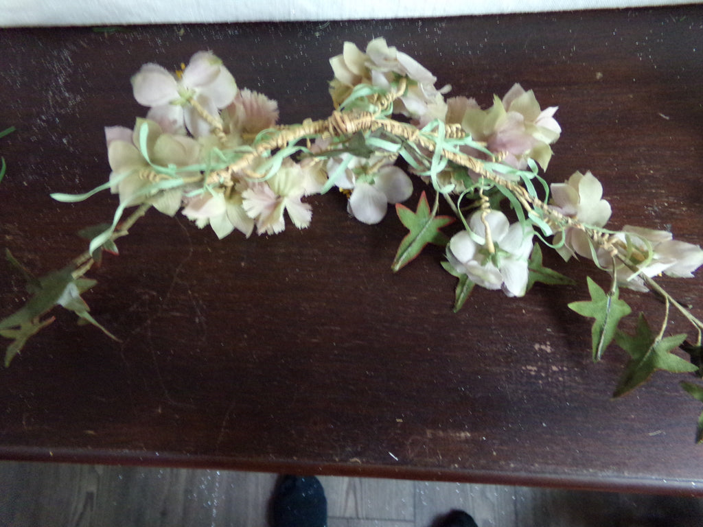 Muted color delicate 13 in Garland with leaves. Velvet, silk and sheer. Reg price was $ 24  Now sale price is $22.